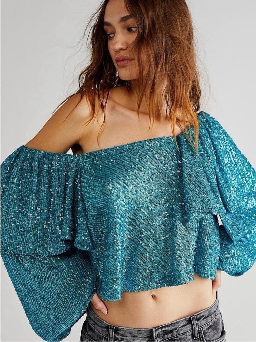 Free People Teal/ Turquoise Sequin Ruffle Top - Sz. L